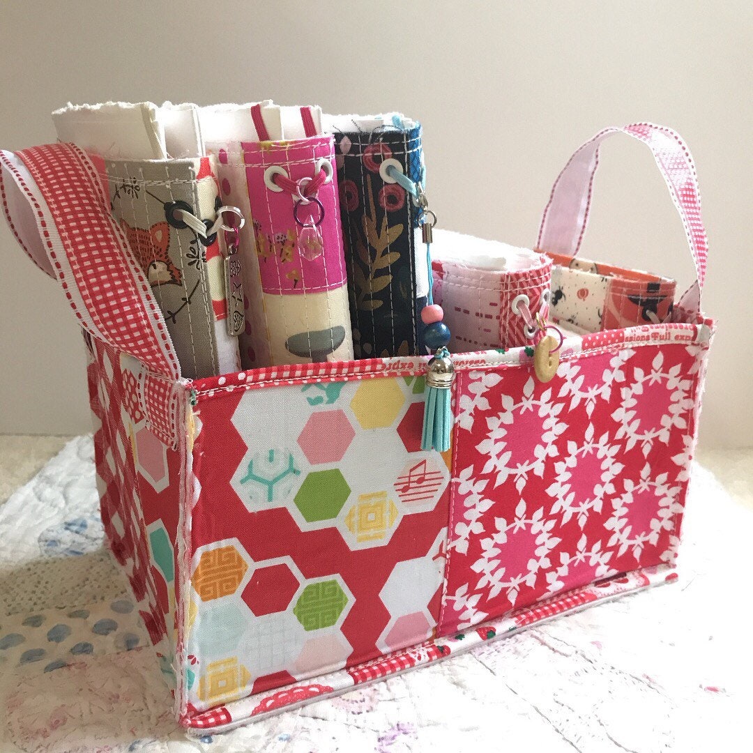 Modern Quiolted Halftote | sewn fabric shelf storage organizer & toy bin | handmade office supply tote | makeup and hair stylist tool caddy