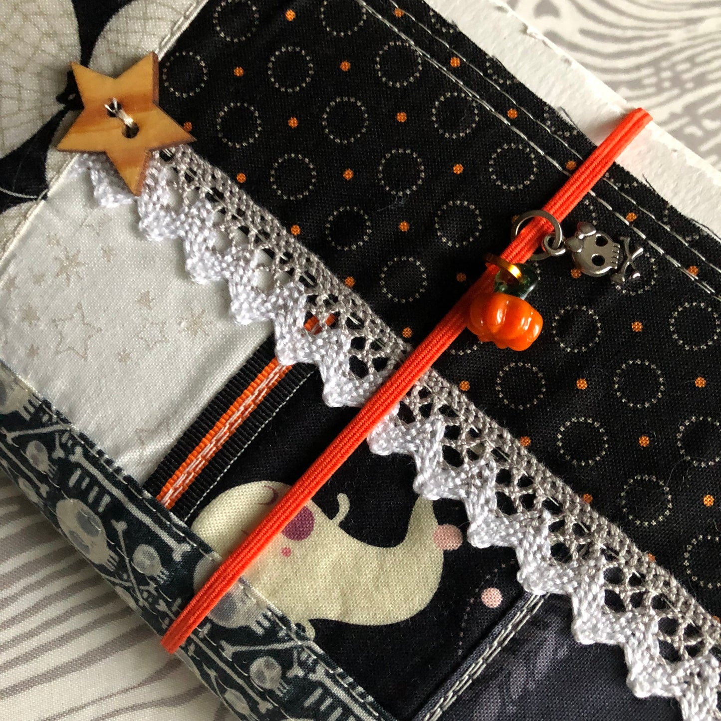 Inktober / Halloween refillable art journal with quilted fabric cover & cold press watercolor paper - perfect for ink drawing or sketching.