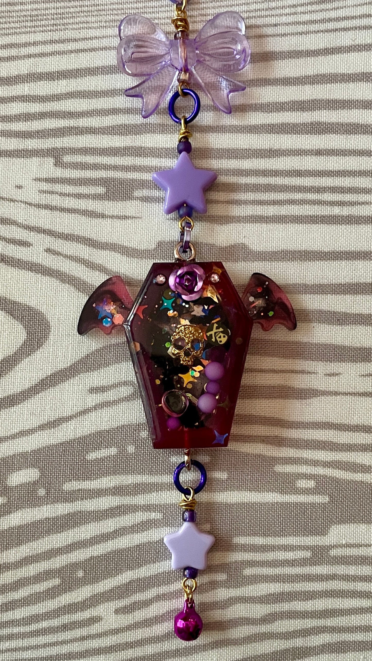 Purple rose Flying Coffin resin shaker necklace on 20 inch antique brass finish chain link | spooky steampunk unisex Halloween charm