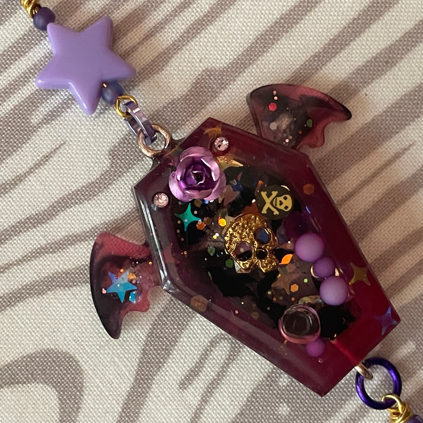 Purple rose Flying Coffin resin shaker necklace on 20 inch antique brass finish chain link | spooky steampunk unisex Halloween charm