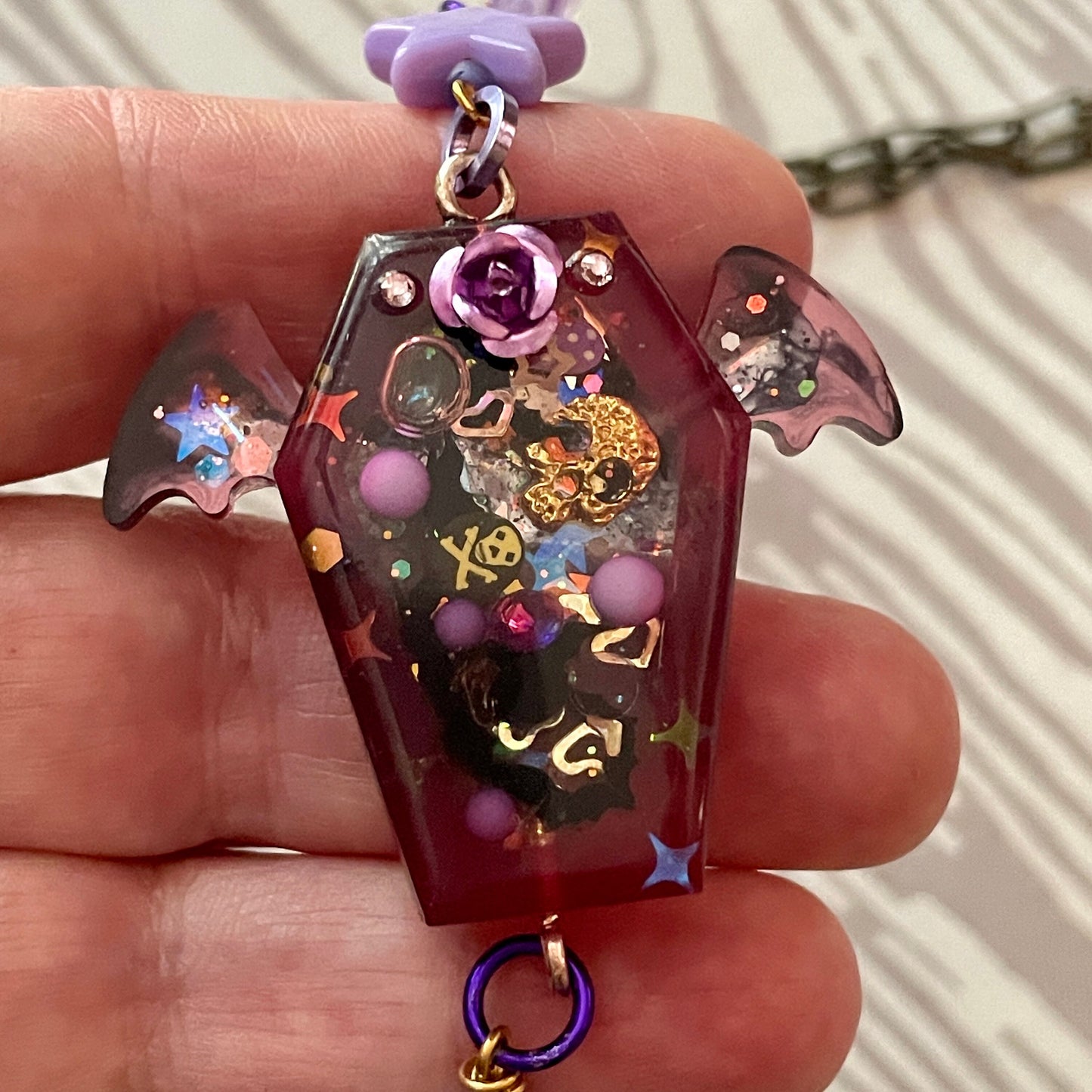 Purple rose Flying Coffin resin shaker necklace on 20 inch antique brass finish chain link | spooky steampunk unisex Halloween charm