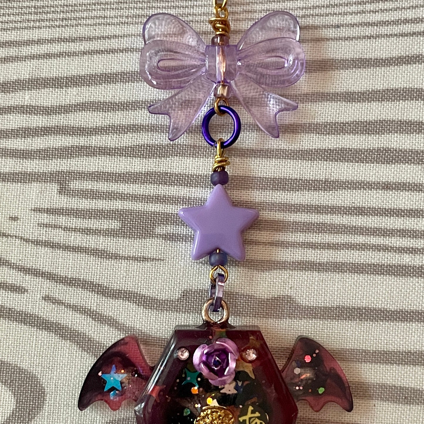 Purple rose Flying Coffin resin shaker necklace on 20 inch antique brass finish chain link | spooky steampunk unisex Halloween charm