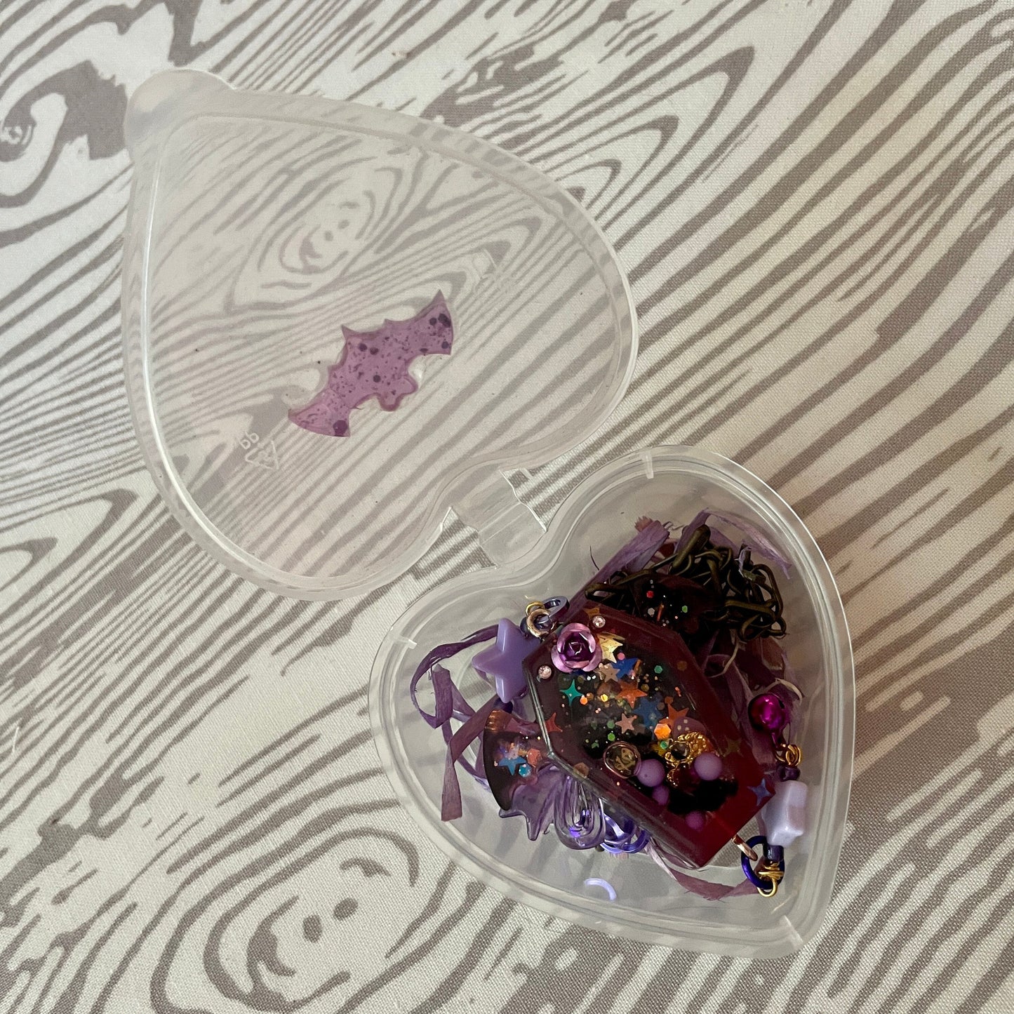 Purple rose Flying Coffin resin shaker necklace on 20 inch antique brass finish chain link | spooky steampunk unisex Halloween charm