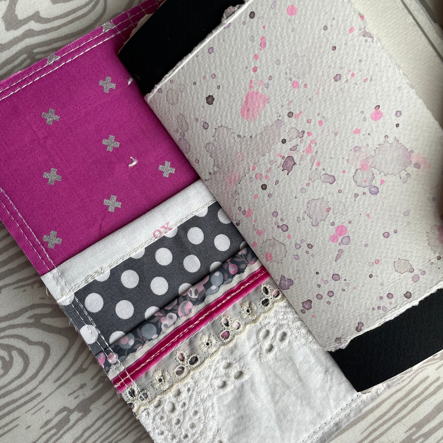 Ghastlies patchwork watercolor journal with quilted fabric cover | dark humor refillable fauxdori sketchbook | ooak travelers notebook