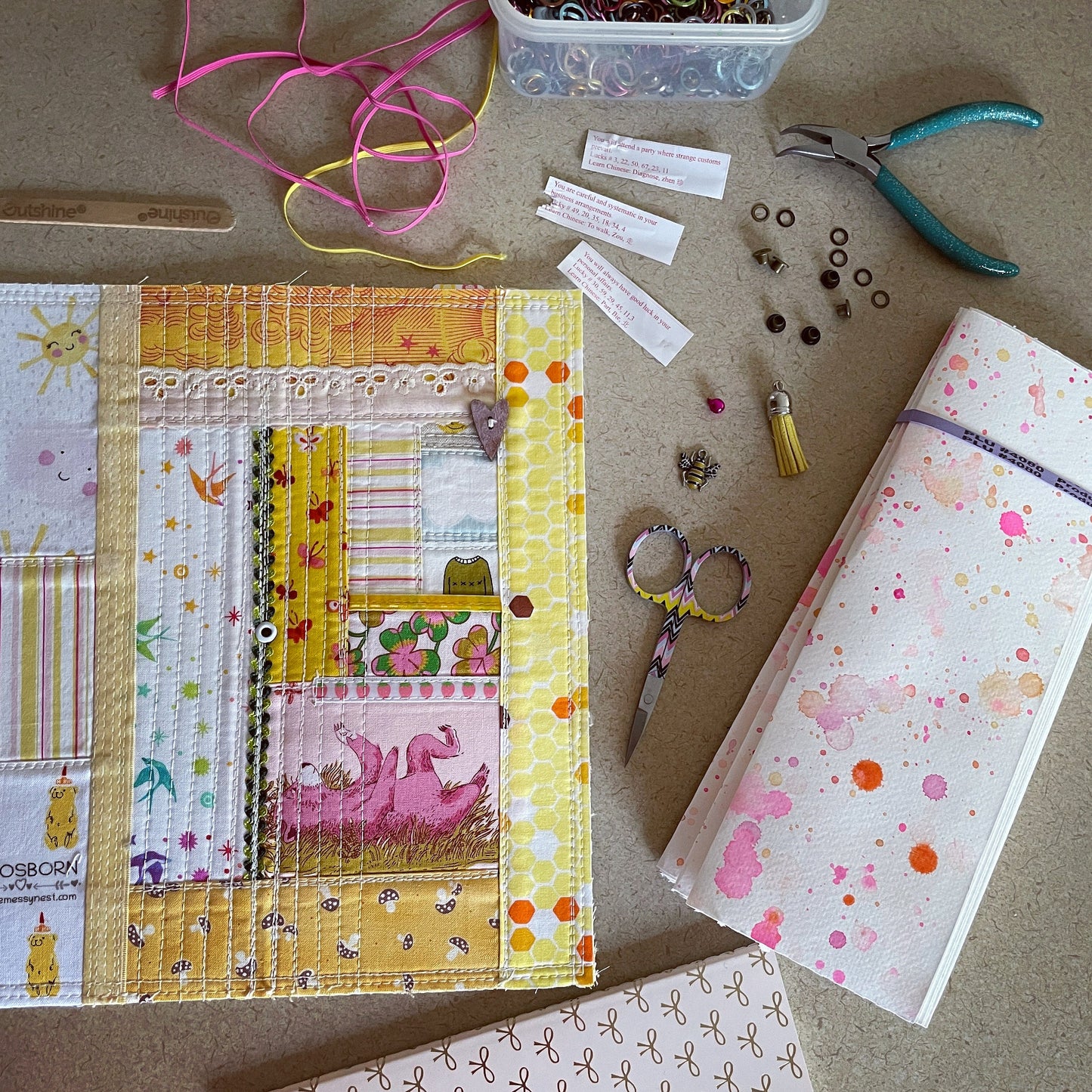 Spring Fever refillable watercolor journal with patchwork quilted cover | yellow & pink mixed media sketchbook | ooak blank fabric notebook