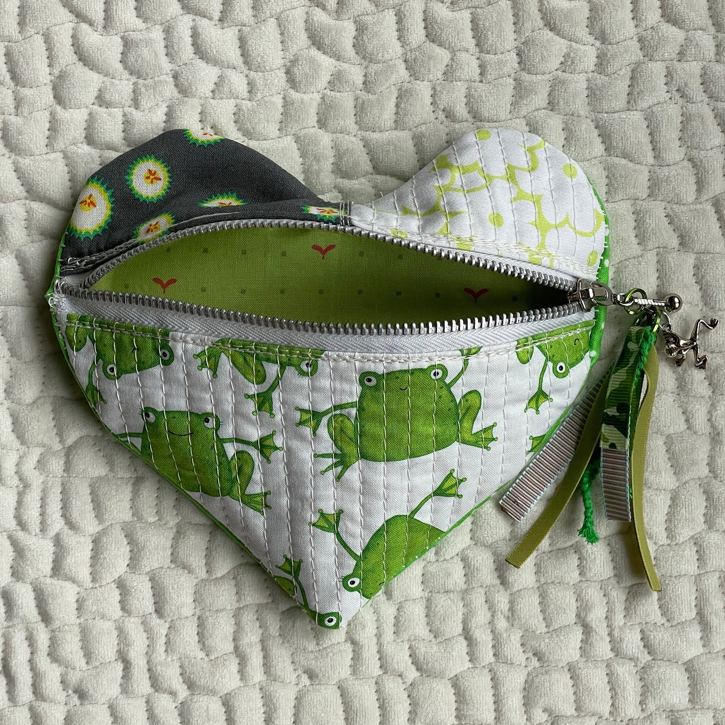 Kiss the Frog heart shaped clutch | modern quilted zipper pouch with charms and handmade tassel | small purse with optional crossbody strap