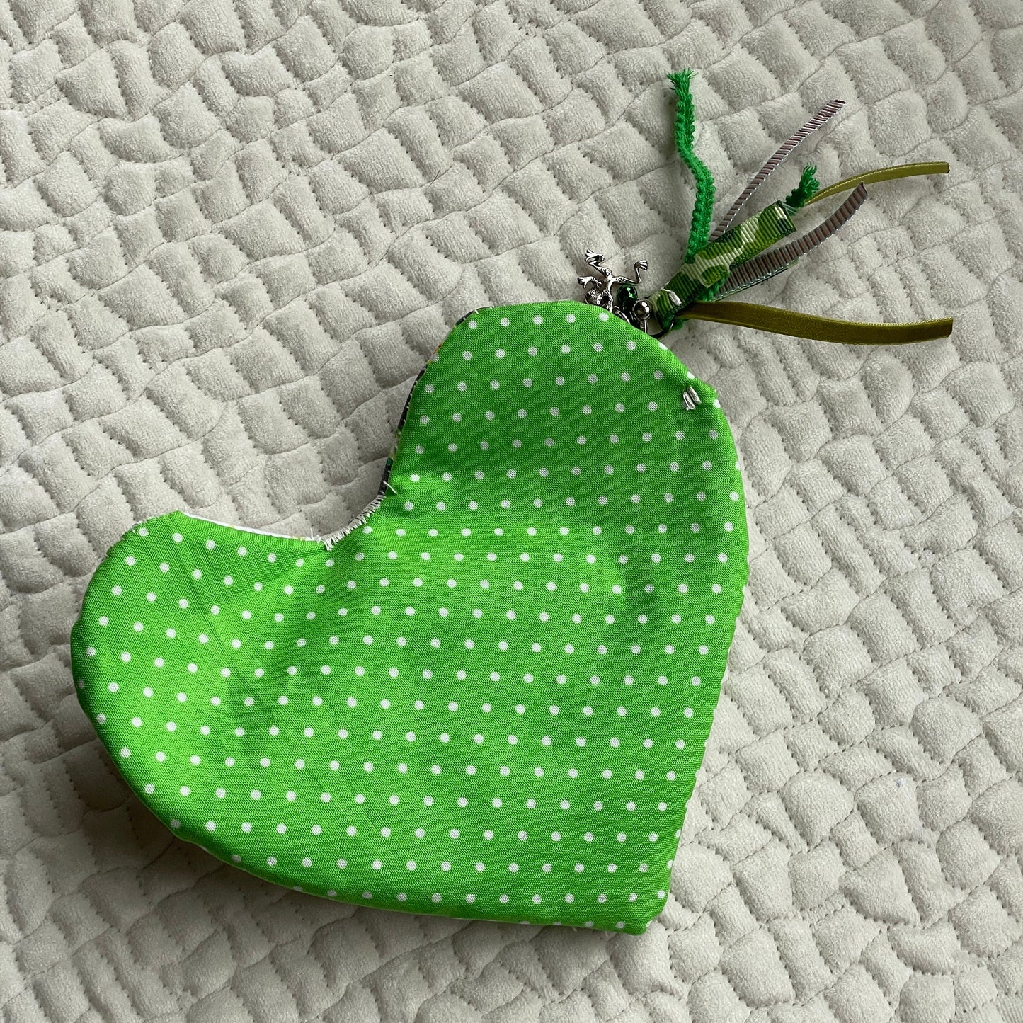 Kiss the Frog heart shaped clutch | modern quilted zipper pouch with charms and handmade tassel | small purse with optional crossbody strap