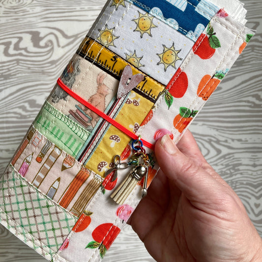 Back To School refillable art journal with cold press watercolor paper | cute patchwork sketchbook with elastic band & pocket inside cover
