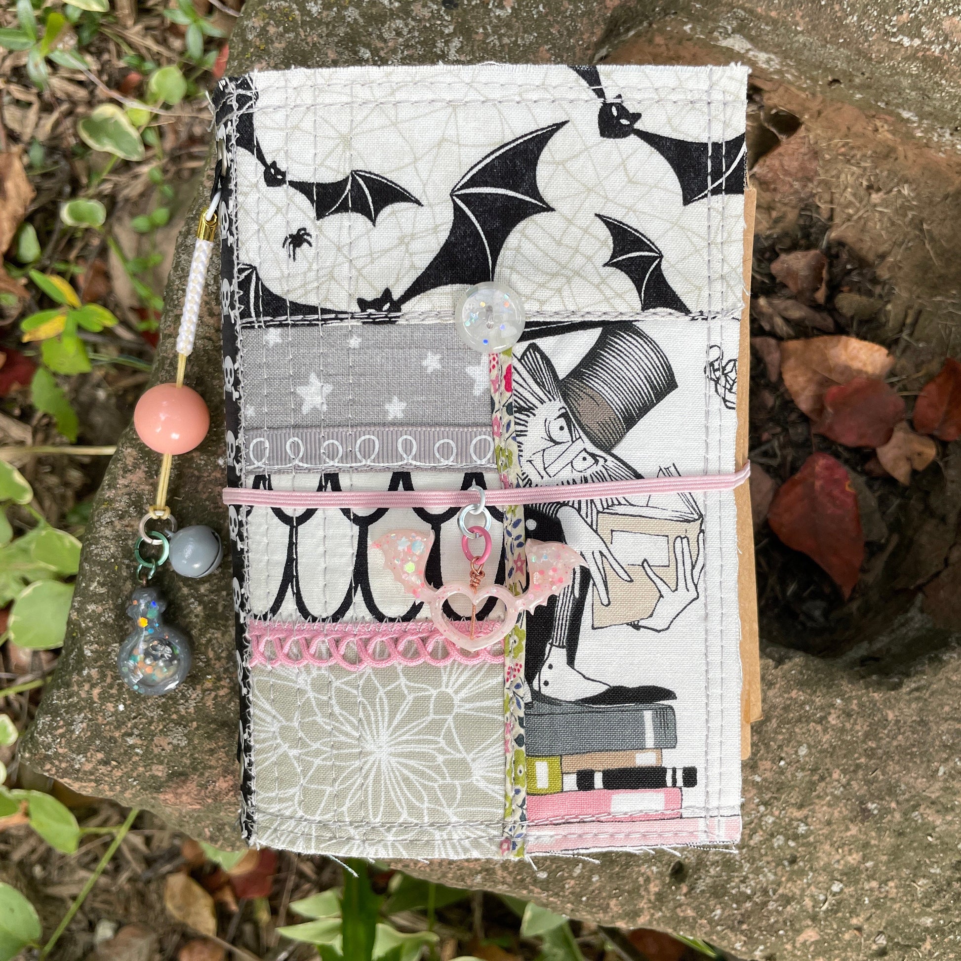 GHASTLIES fabric mixed media journal | coldpress watercolor paper travelers notebook | sewn cover fauxdori | rebillable drawing sketchbook