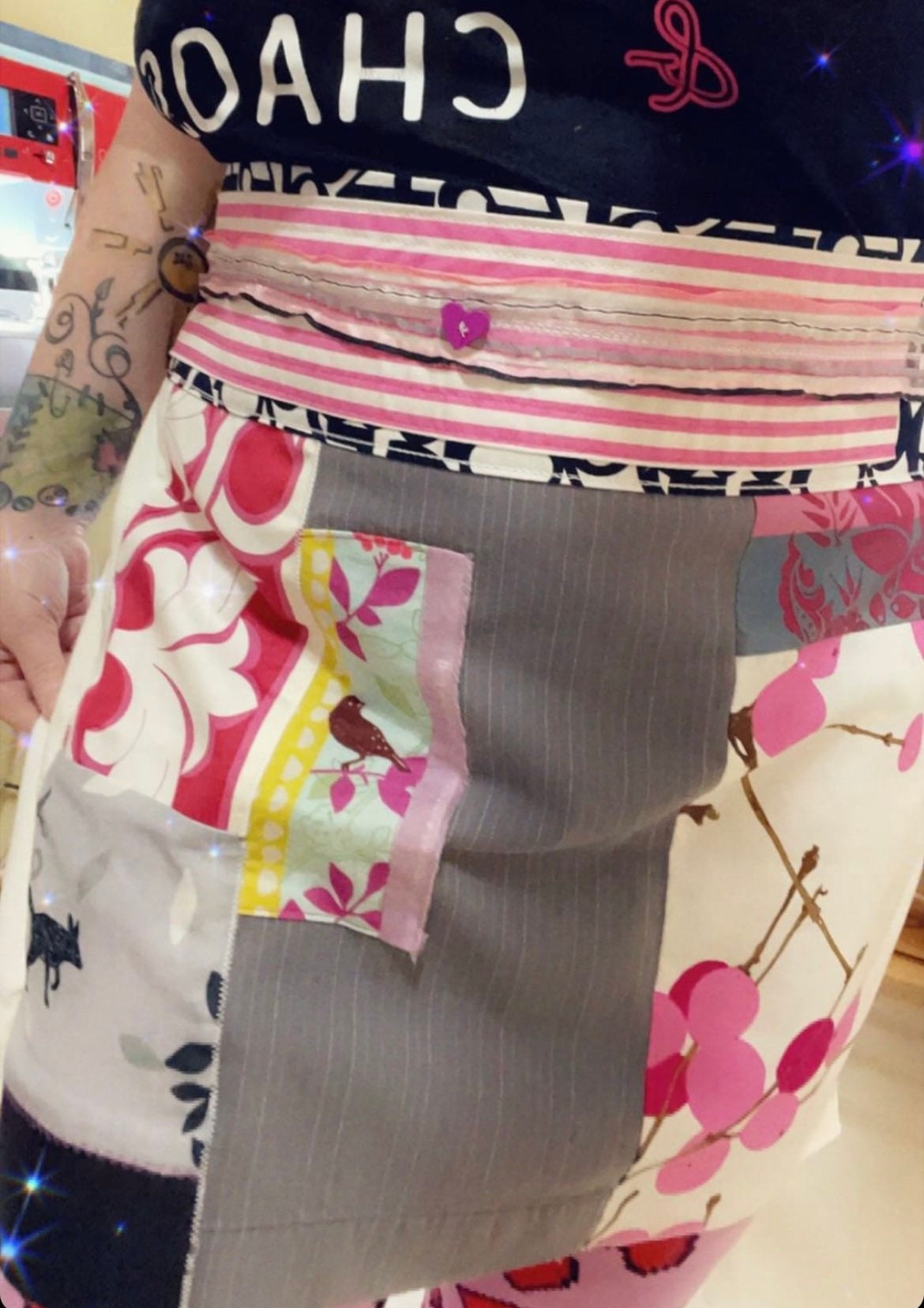 Cute patchwork half apron | featured in Somerset Studio | upcycled from thrifted & hand me down pants | unlined with a tie waist