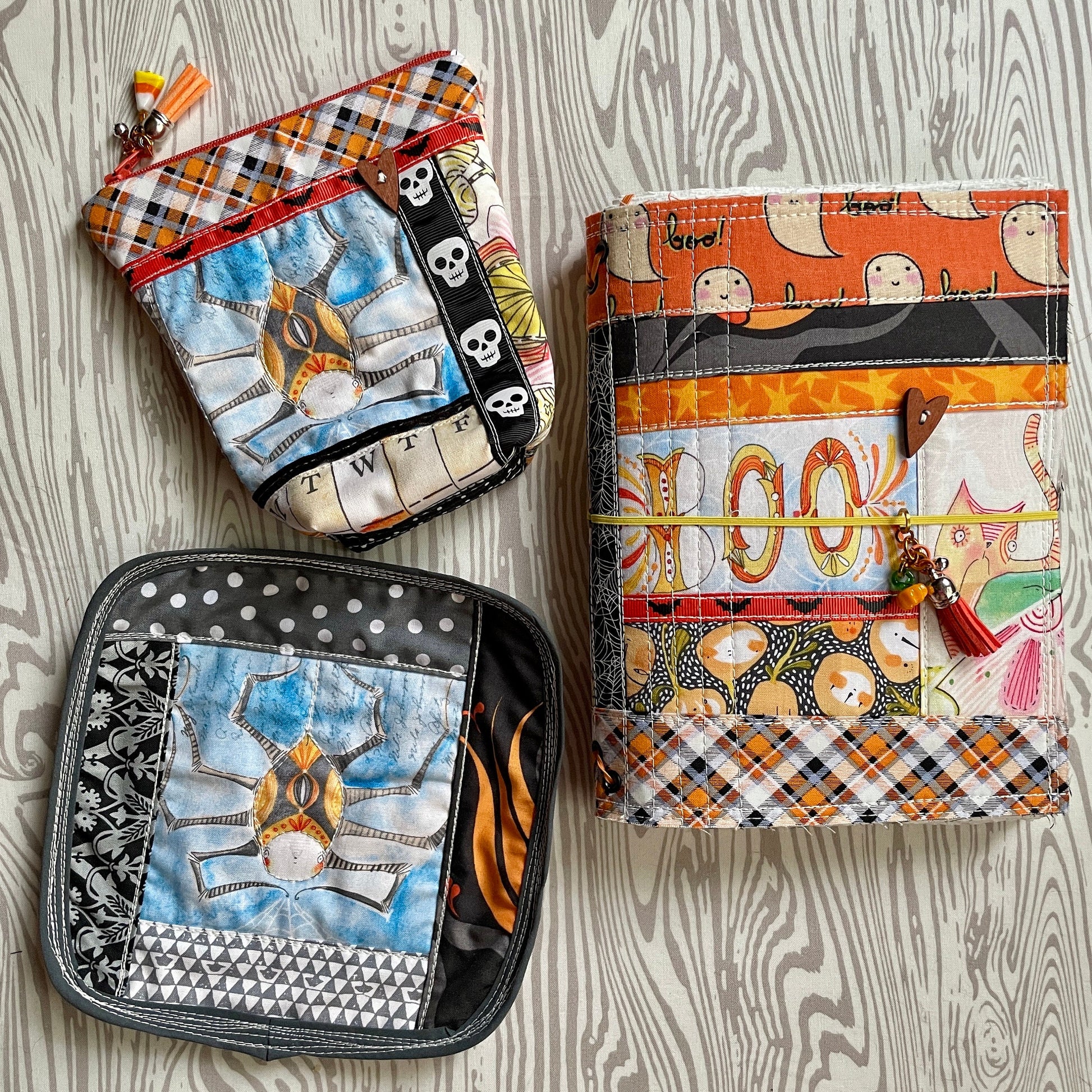 Cori Dantini Halloween Gift Set | patchwork watercolor journal | scrappy quilted zipper pouch | spooky spider mugrug