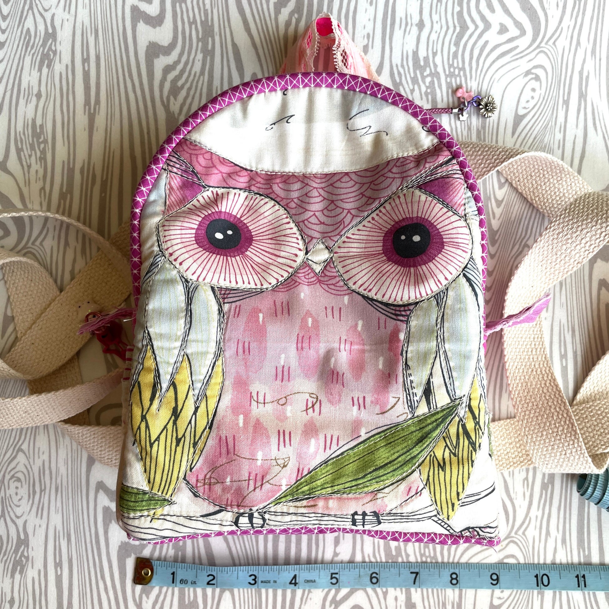 Quilted Mini Backpack - Owl See Ya Later | Cute & sturdy back pack in Cori Dantini fabric | size small - fully lined w/ ooak handdyed fabric