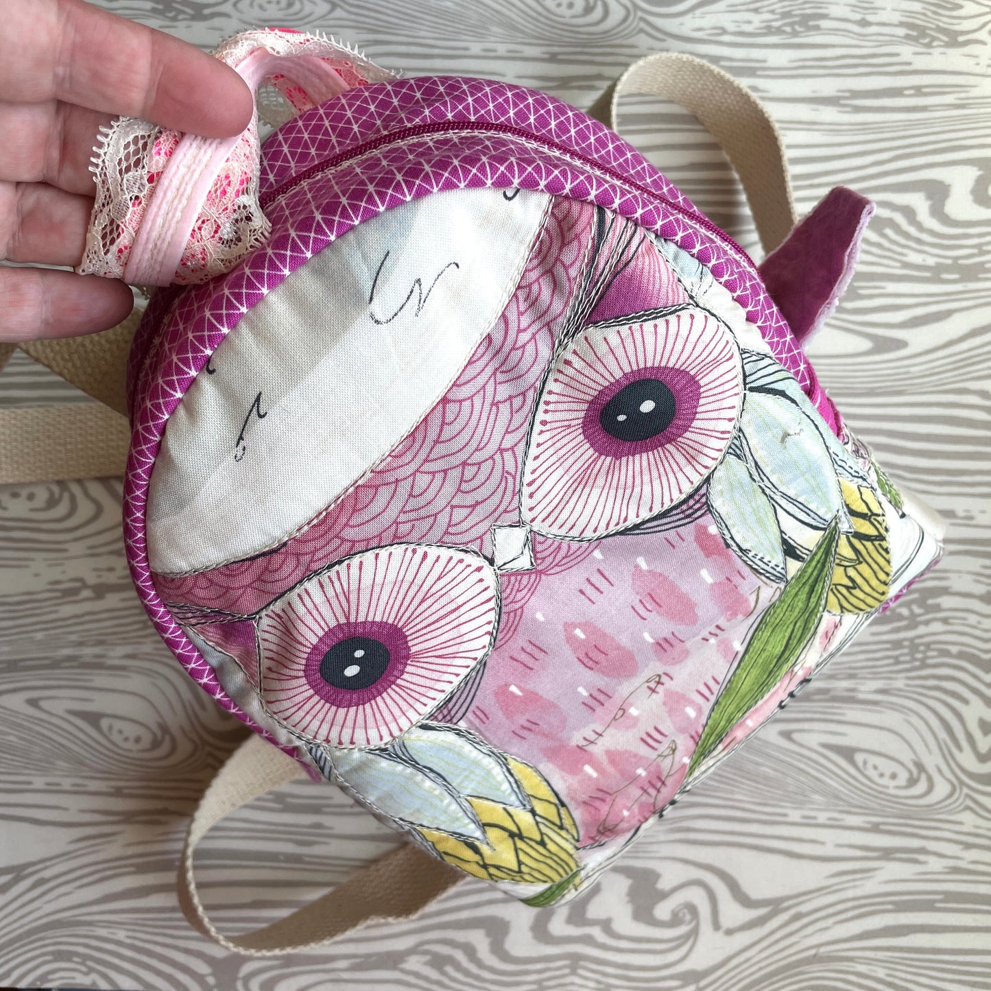 Quilted Mini Backpack - Owl See Ya Later | Cute & sturdy back pack in Cori Dantini fabric | size small - fully lined w/ ooak handdyed fabric