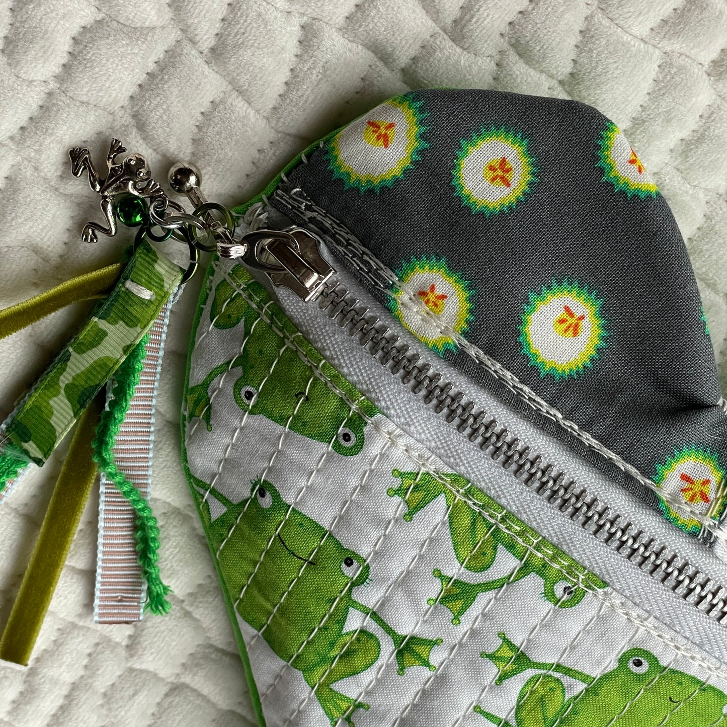 Kiss the Frog heart shaped clutch | modern quilted zipper pouch with charms and handmade tassel | small purse with optional crossbody strap