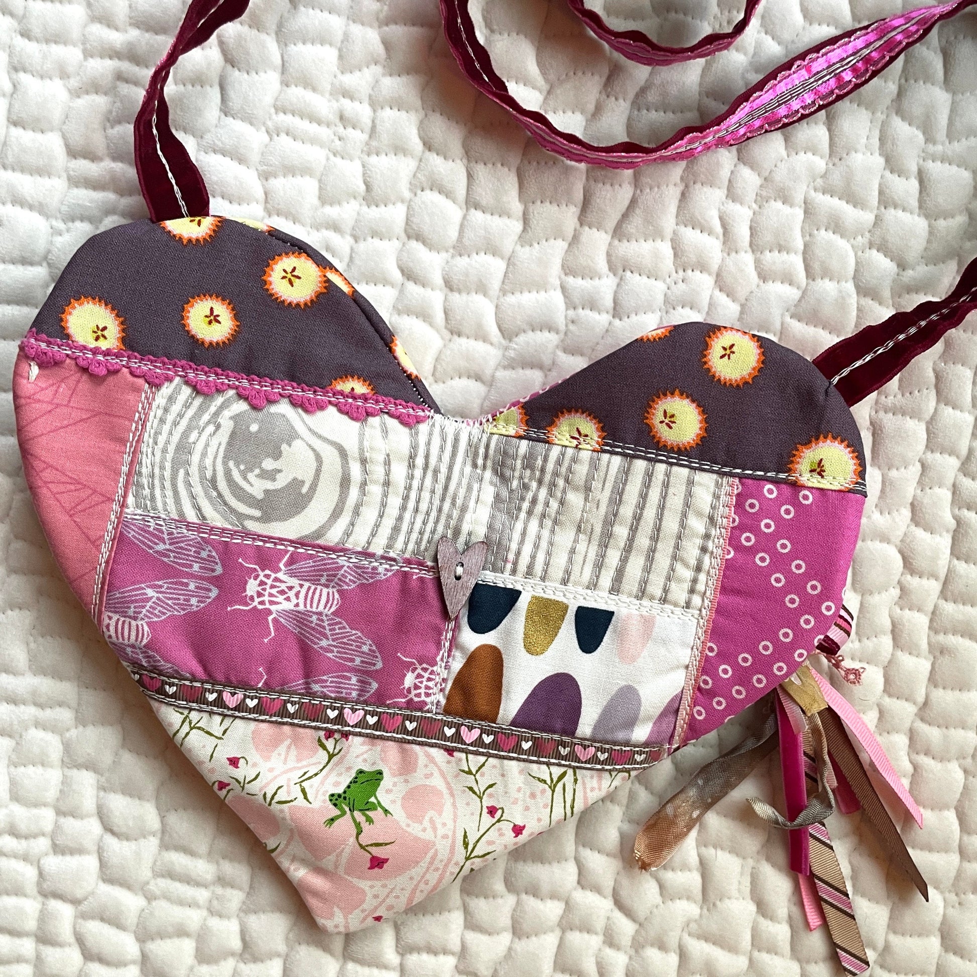 Kiss the Frog heart shaped purse | modern quilted zipper pouch with charms and handmade tassel | medium fabric bag with crossbody strap