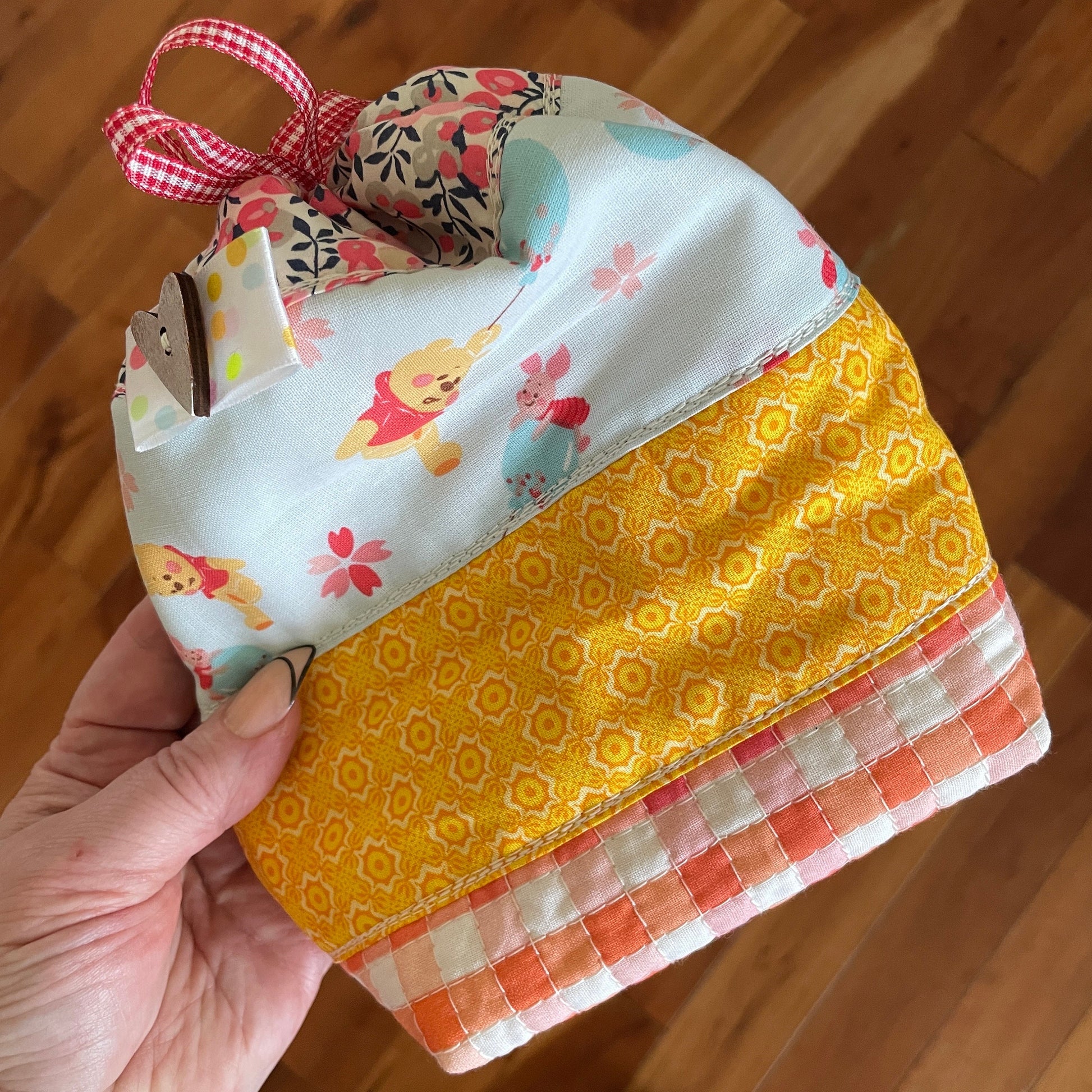 Sack Lunch Bag - cute patchwork pouch w/ drawstring closure | perfect as a knitting, sewing, and craft project holder for your fav totebag.
