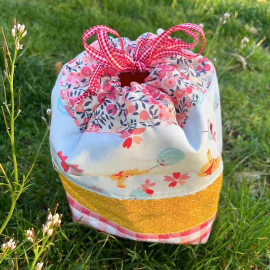 Sack Lunch Bag - cute patchwork pouch w/ drawstring closure | perfect as a knitting, sewing, and craft project holder for your fav totebag.