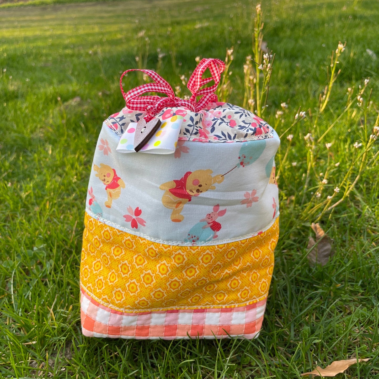 Sack Lunch Bag - cute patchwork pouch w/ drawstring closure | perfect as a knitting, sewing, and craft project holder for your fav totebag.
