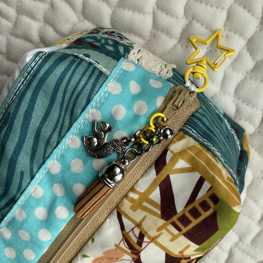 Sidekick PROTOTYPE 2 | woodland adventure quilted zipper pouch in brown & aqua | padded / lined collectible card or dice bag for gaming