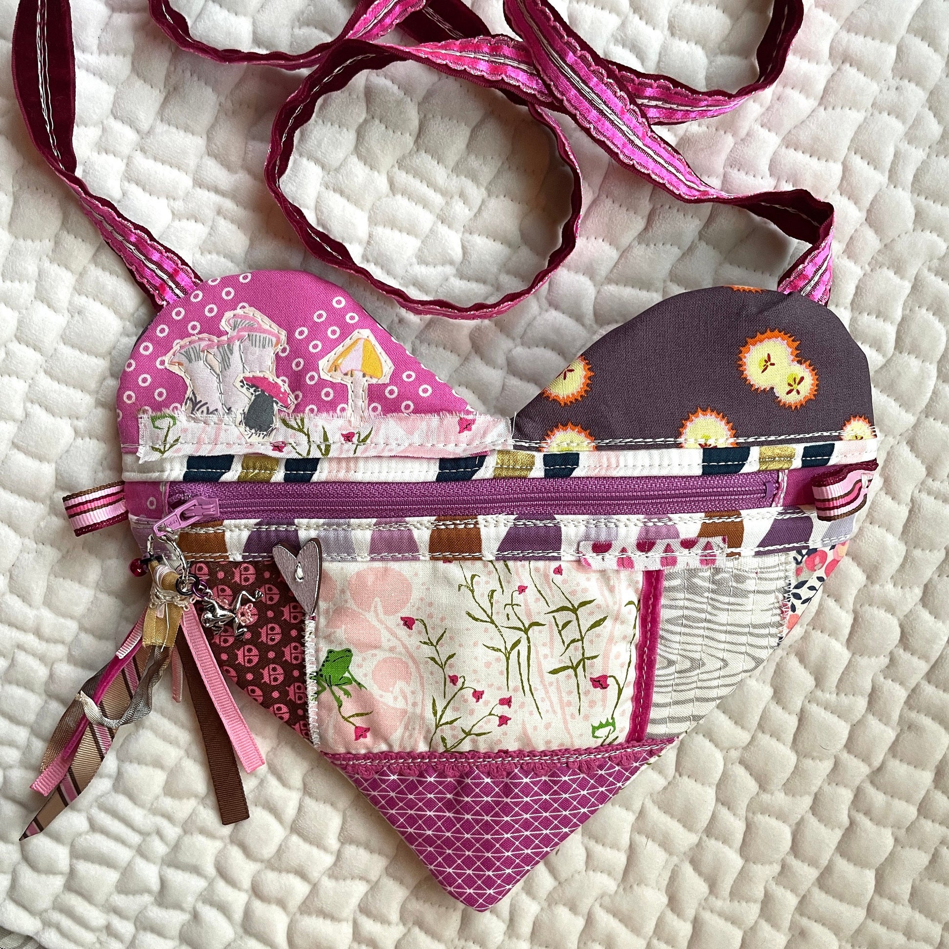 Kiss the Frog heart shaped purse | modern quilted zipper pouch with charms and handmade tassel | medium fabric bag with crossbody strap