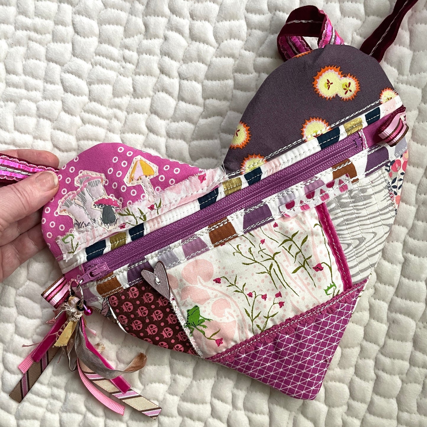 Kiss the Frog heart shaped purse | modern quilted zipper pouch with charms and handmade tassel | medium fabric bag with crossbody strap