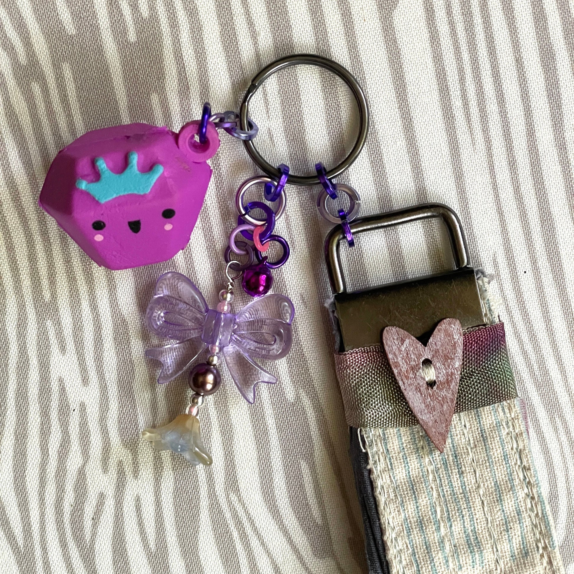 Quilted Fabric Keychain with bells & bows for fidget fingers | scrappy key fob by / for the neuro spicy | made in Michigan keyring holder